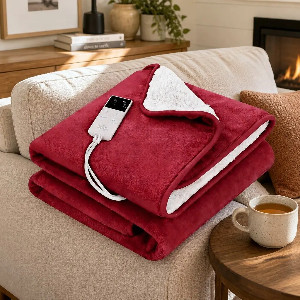 Electric Heated Throw Rug Burgundy Double-Sided Flannel Sherpa Blanket 9 Piece