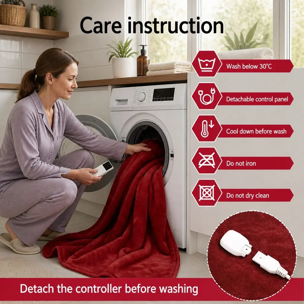 Electric Heated Throw Rug Burgundy Double-Sided Flannel Sherpa Blanket 9 Piece