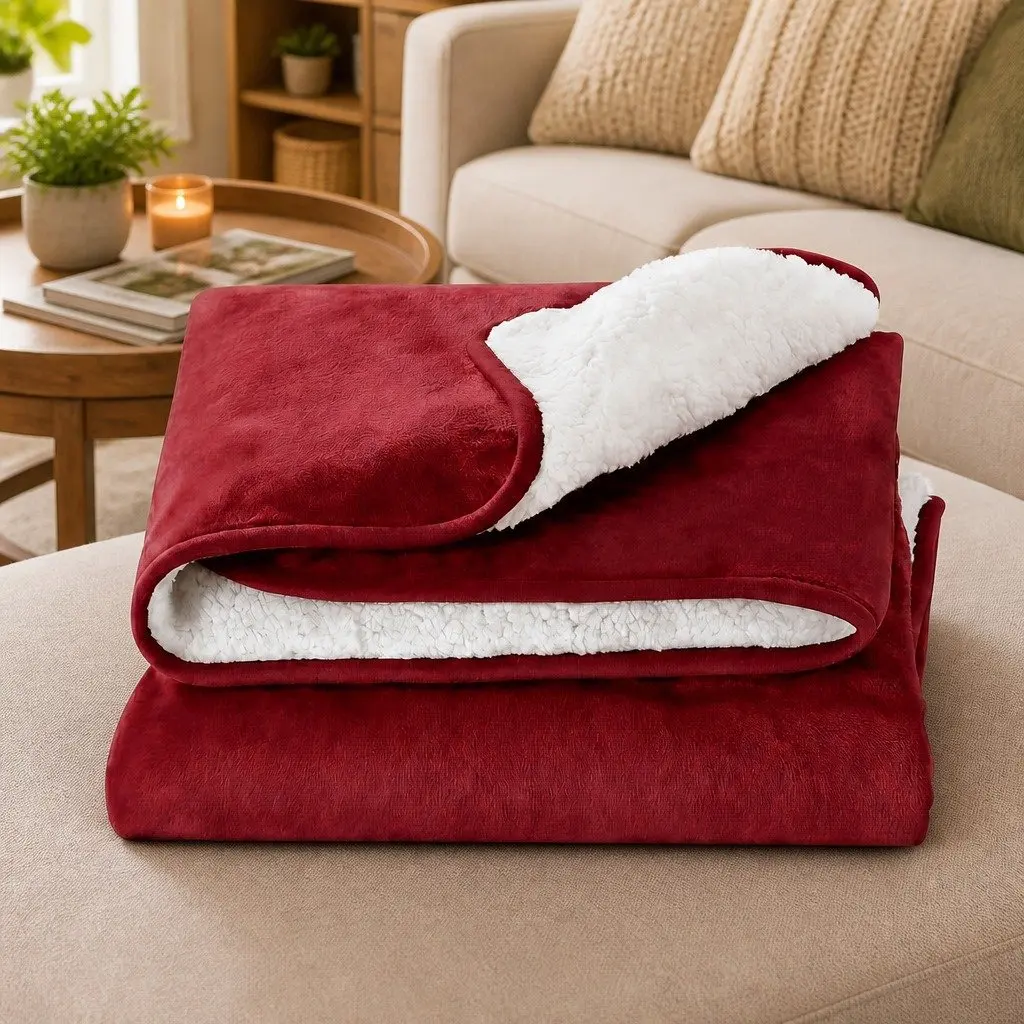 Electric Heated Throw Rug Burgundy Double-Sided Flannel Sherpa Blanket 9 Piece