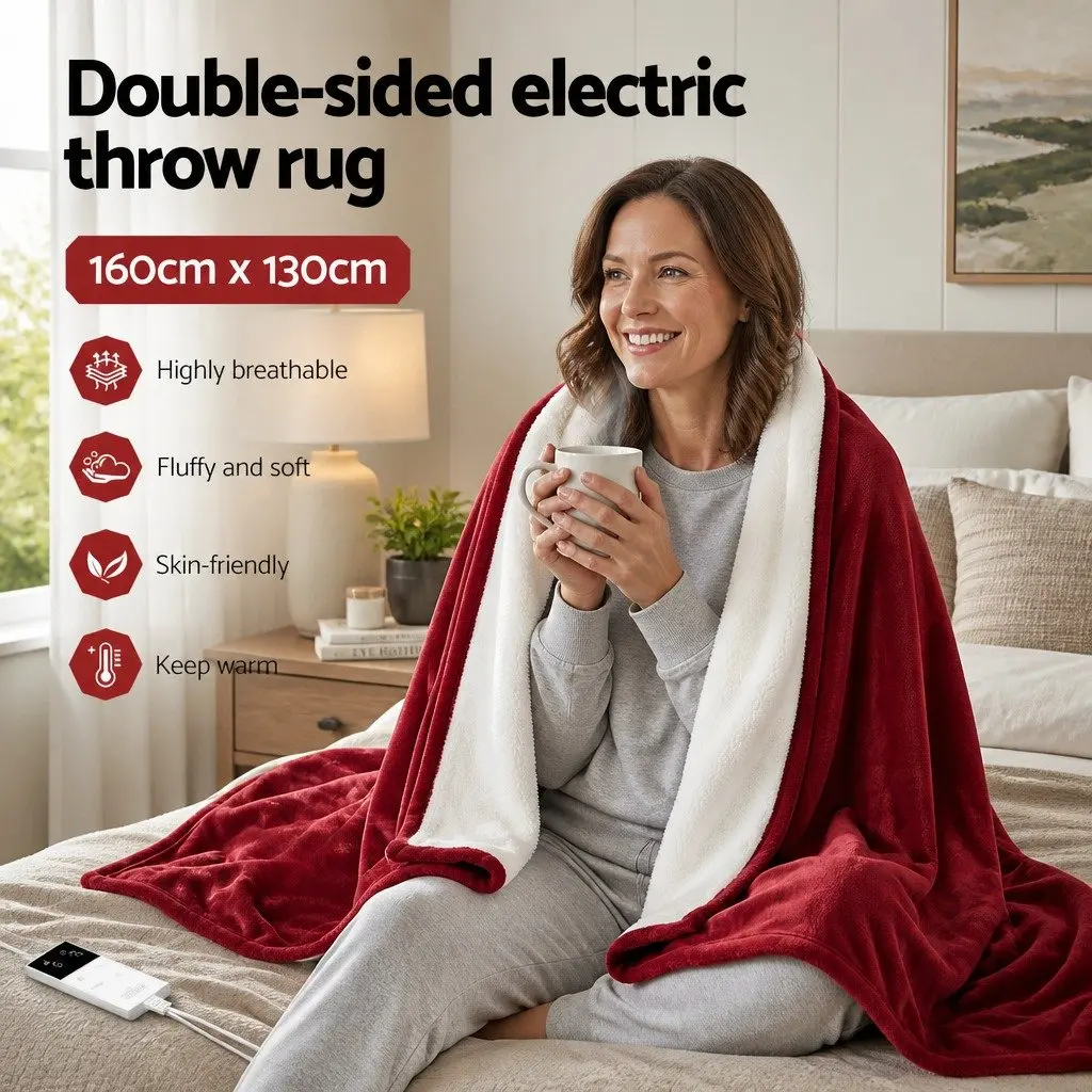 Electric Heated Throw Rug Burgundy Double-Sided Flannel Sherpa Blanket 9 Piece