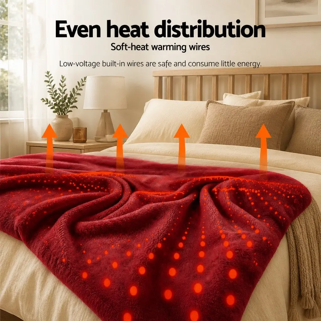 Electric Heated Throw Rug Burgundy Double-Sided Flannel Sherpa Blanket 9 Piece