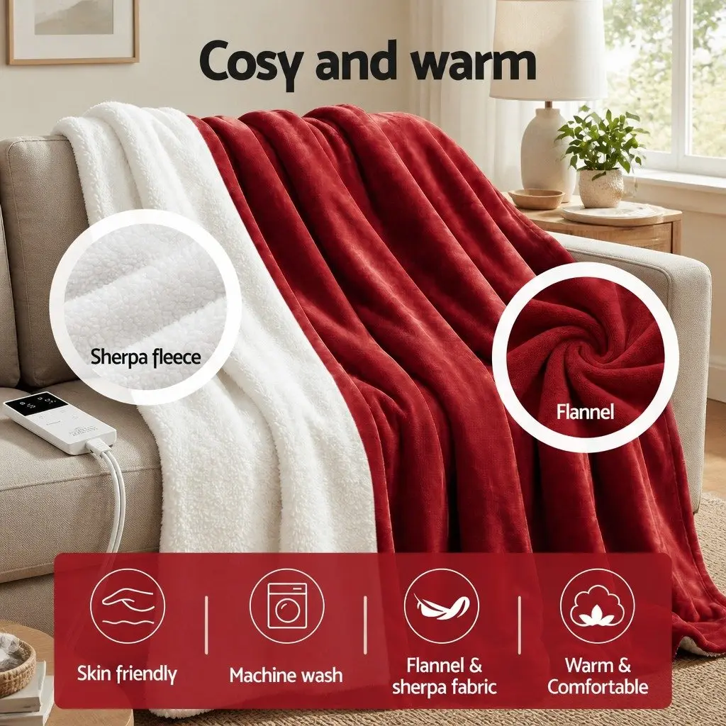Electric Heated Throw Rug Burgundy Double-Sided Flannel Sherpa Blanket 9 Piece