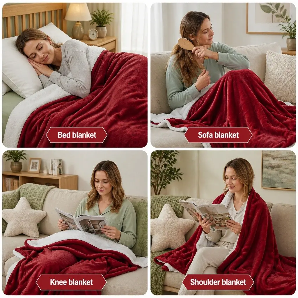 Electric Heated Throw Rug Burgundy Double-Sided Flannel Sherpa Blanket 9 Piece