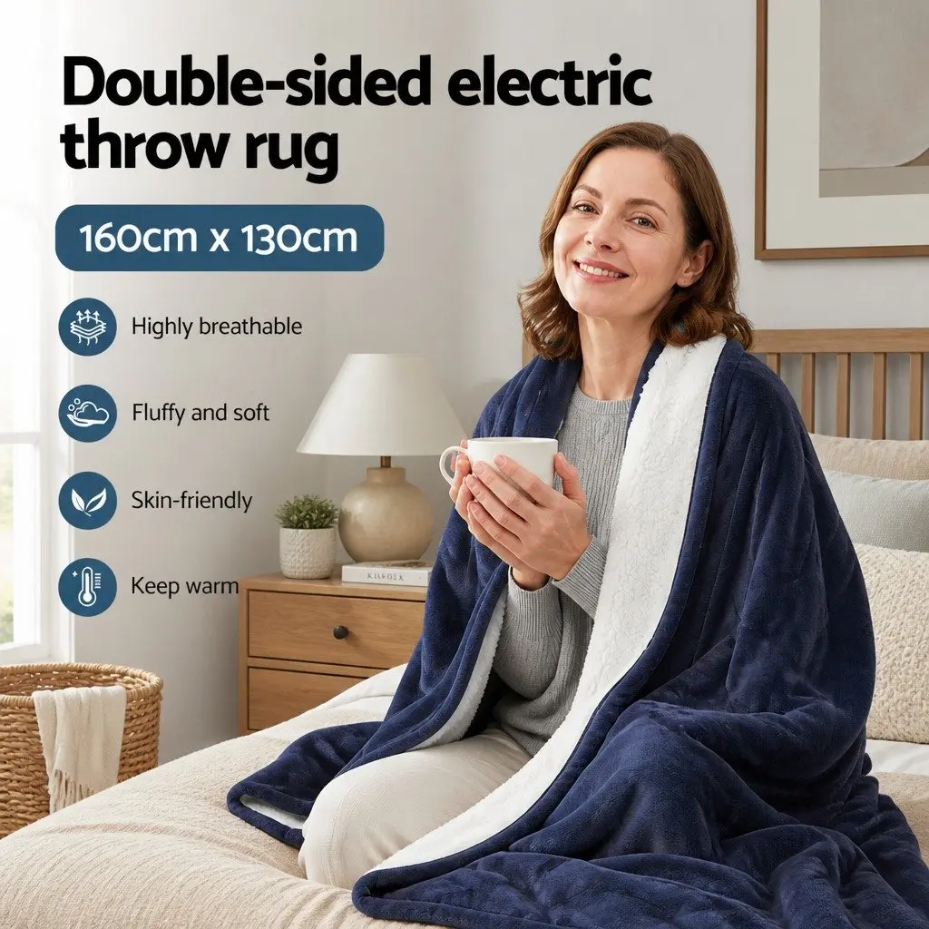 Electric Throw Rug Charcoal 160x130cm Double-Sided Fleece with Nine Temperature Settings
