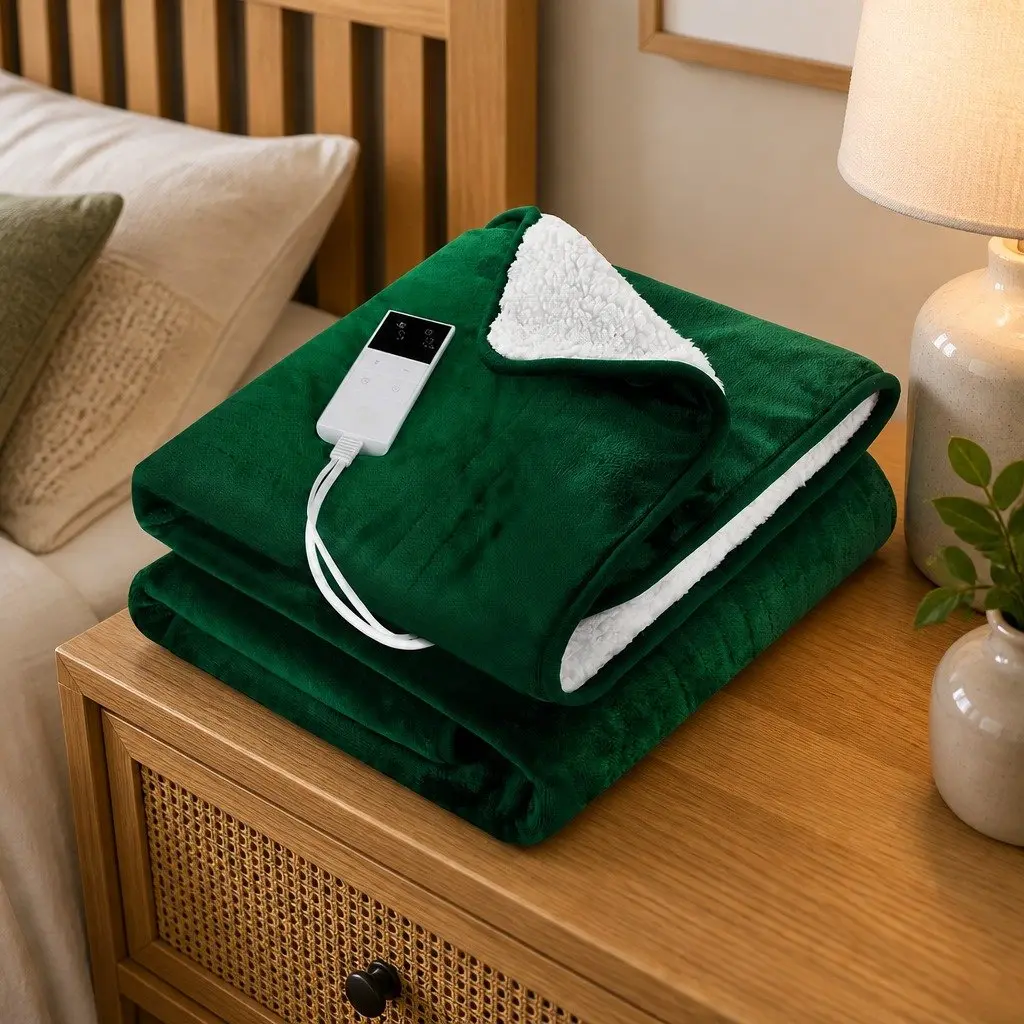 Electric Heated Throw Rug Green 160x130cm Double Sided Flannel Sherpa Fabric