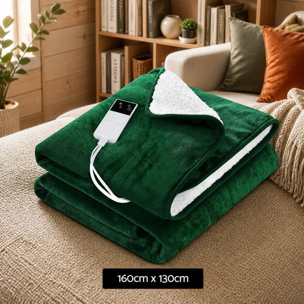 Electric Heated Throw Rug Green 160x130cm Double Sided Flannel Sherpa Fabric