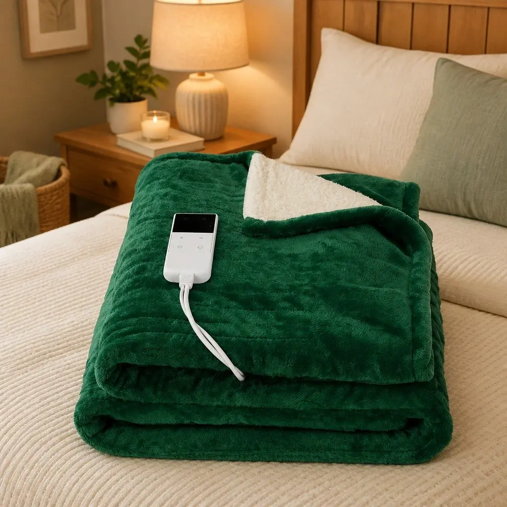 Electric Heated Throw Rug Green 160x130cm Double Sided Flannel Sherpa Fabric