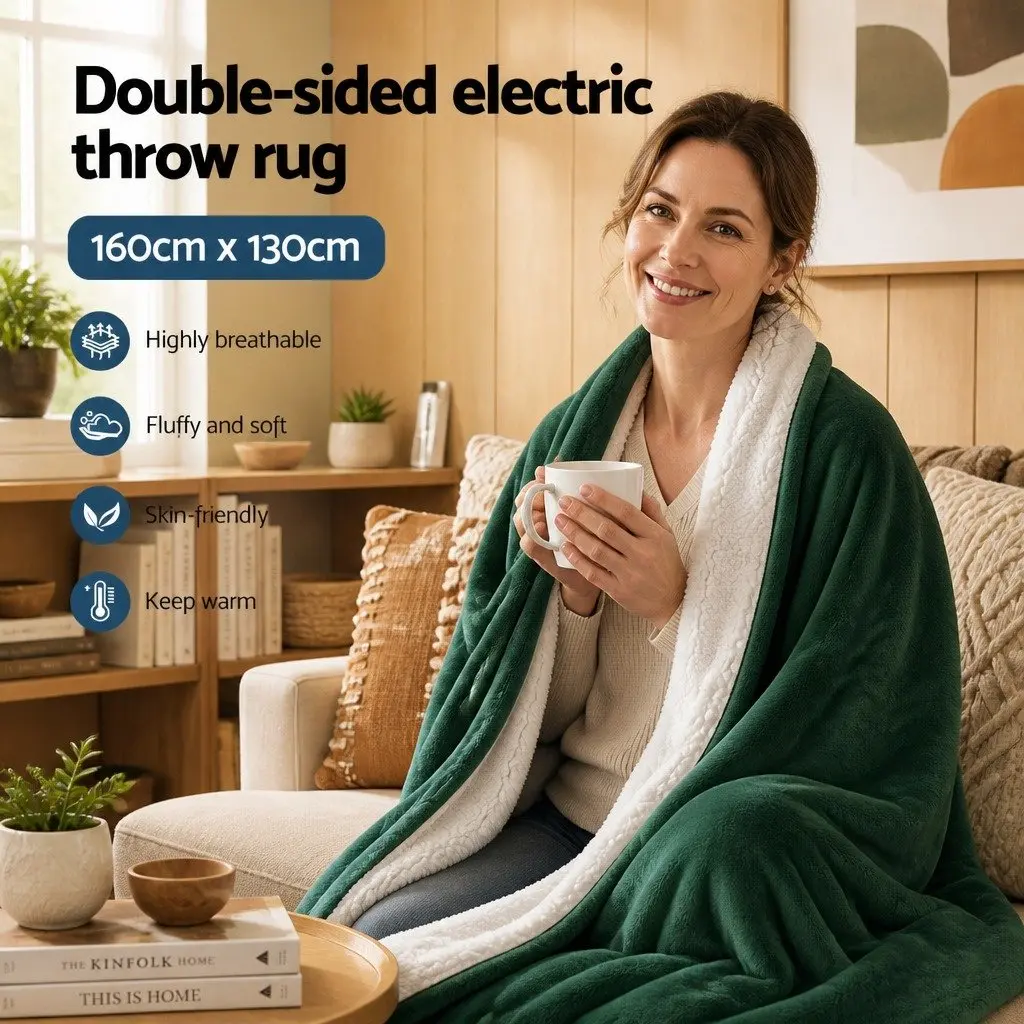 Electric Heated Throw Rug Green 160x130cm Double Sided Flannel Sherpa Fabric