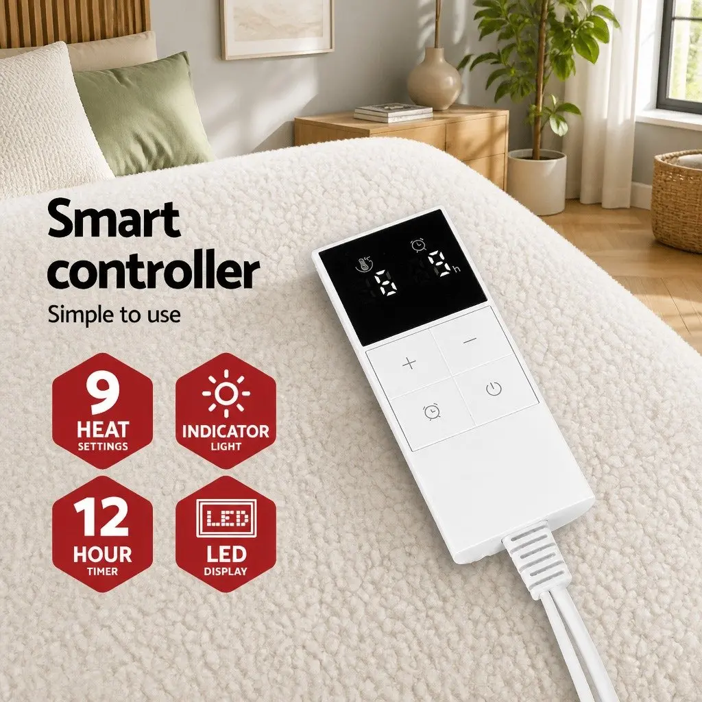 Electric Blanket White King Size Fully Fitted Fleecy Underlay with Nine Temperature Settings and LED Display Controller