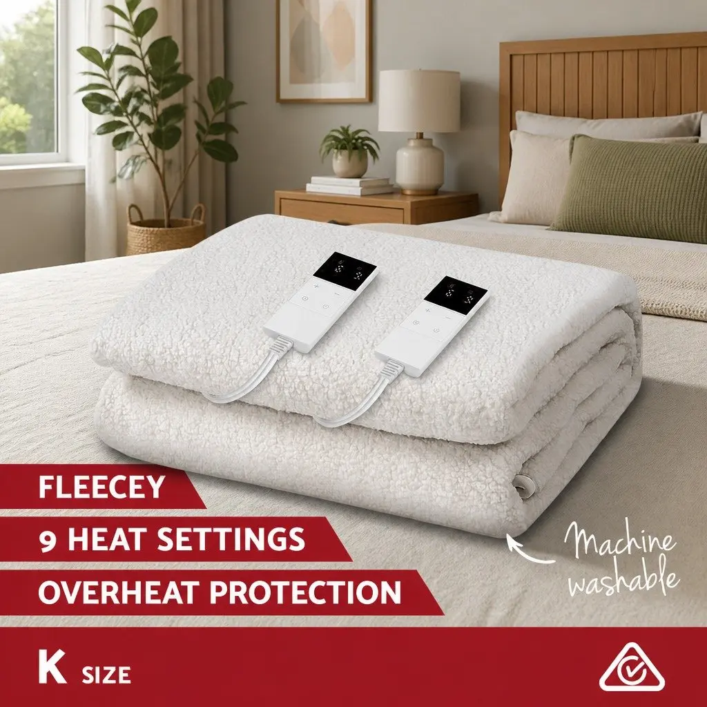 Electric Blanket White King Size Fully Fitted Fleecy Underlay with Nine Temperature Settings and LED Display Controller