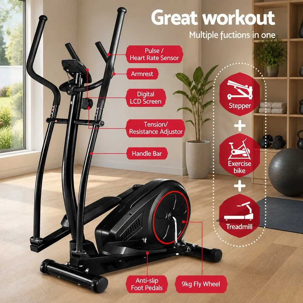 Elliptical Cross Trainer Black Adjustable Resistance LCD Display Home Gym Fitness Machine