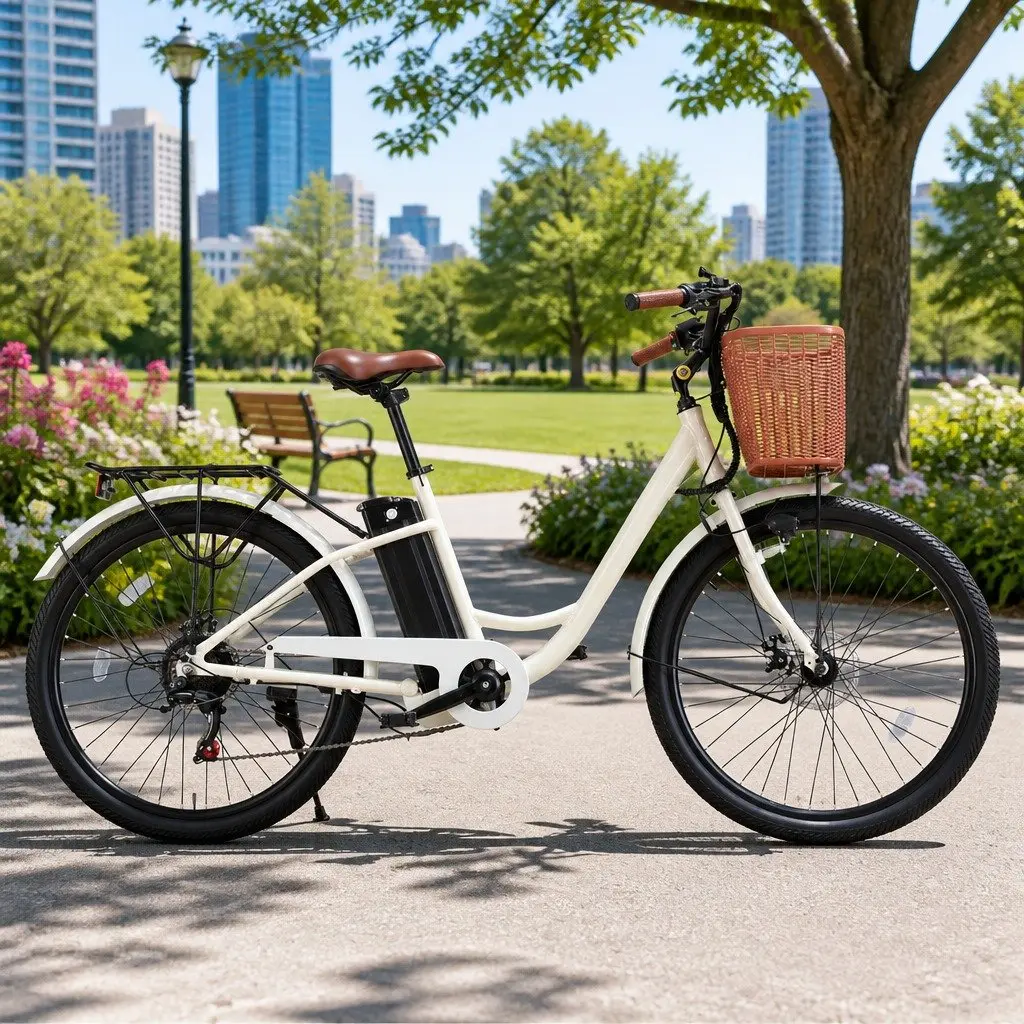 Electric City Bike White 26" Brushless Motor Pedal Assist
