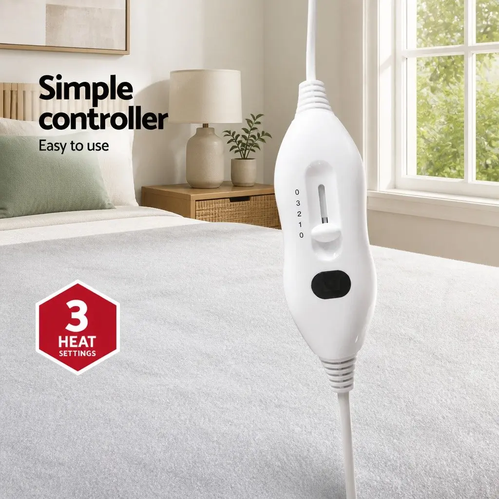 Queen Size Electric Blanket White Polyester Fitted Heated with Three Temperature Settings