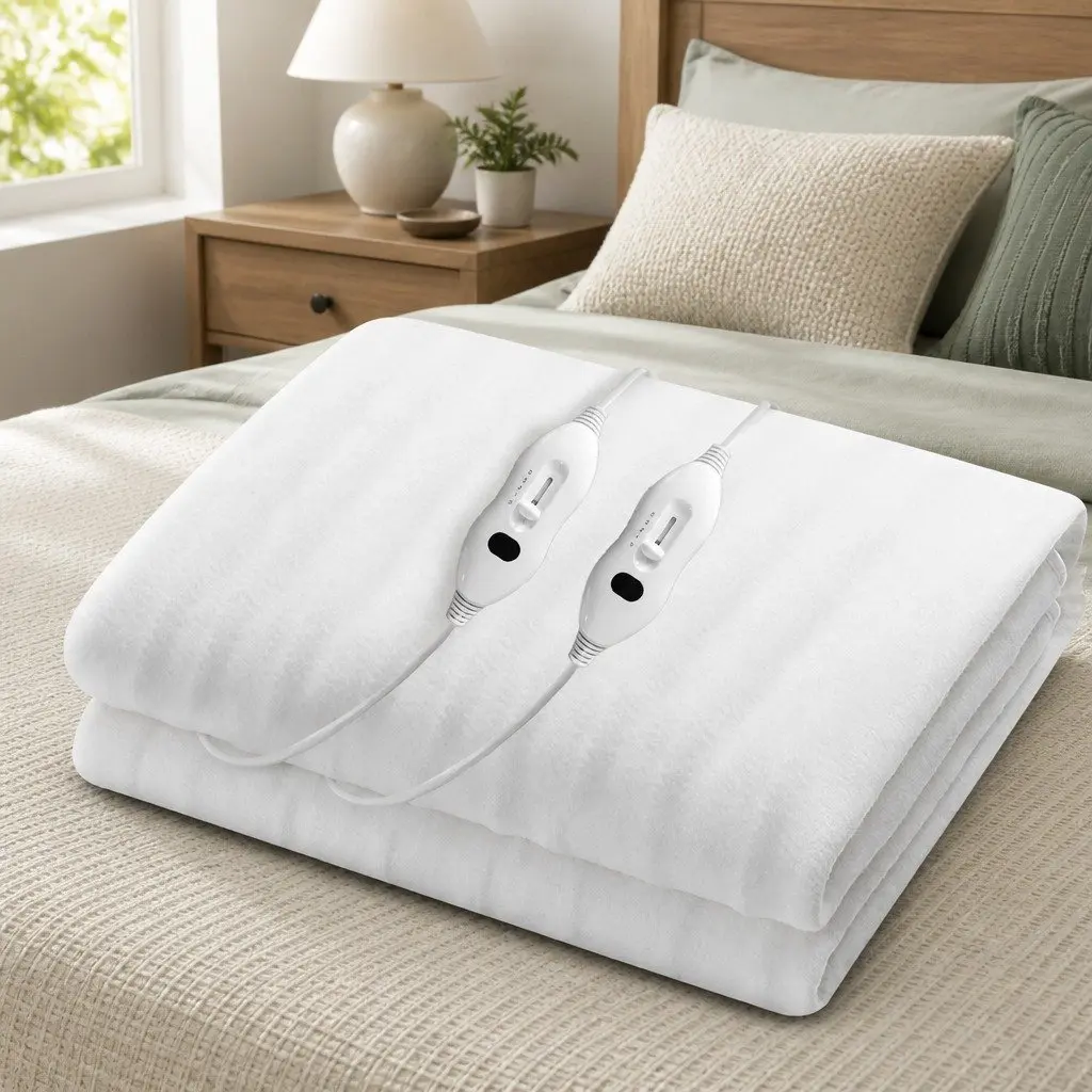 Queen Size Electric Blanket White Polyester Fitted Heated with Three Temperature Settings