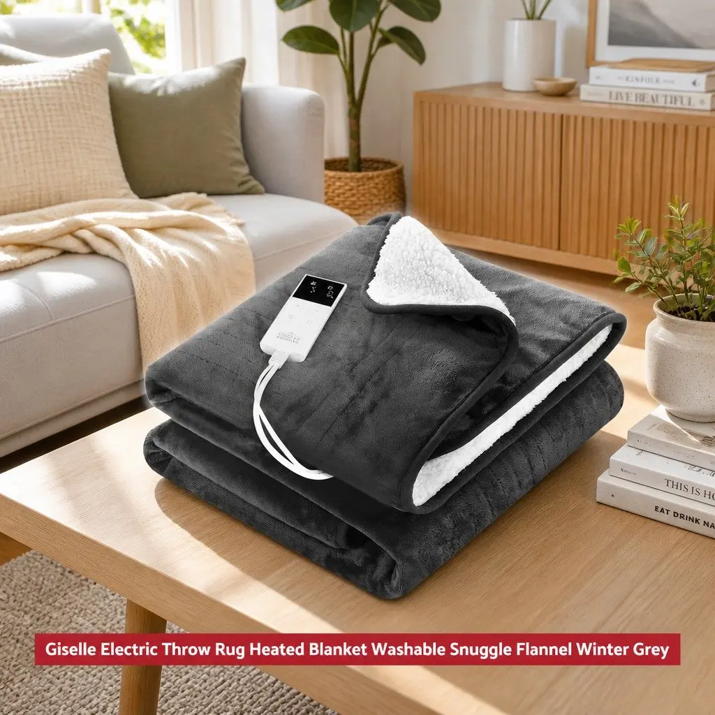 Electric Throw Rug Grey 160x130cm Heated Blanket Washable Flannel Sherpa 9 Temperature Settings 9 Hour Timer