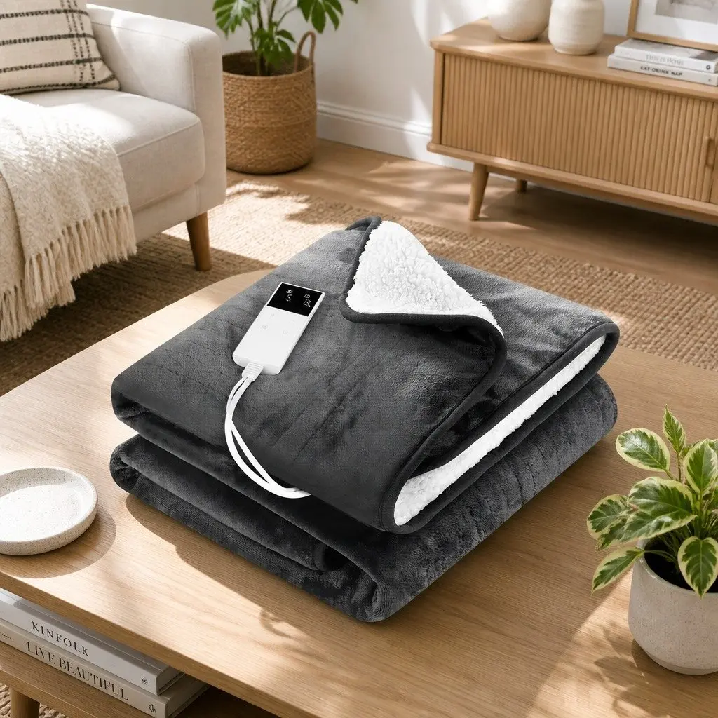 Electric Throw Rug Grey 160x130cm Heated Blanket Washable Flannel Sherpa 9 Temperature Settings 9 Hour Timer