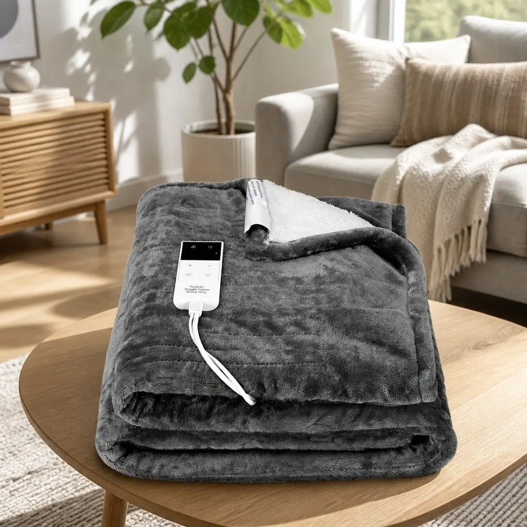 Electric Throw Rug Grey 160x130cm Heated Blanket Washable Flannel Sherpa 9 Temperature Settings 9 Hour Timer