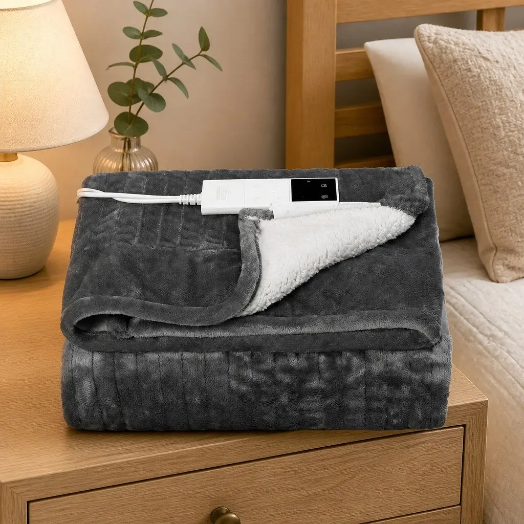 Electric Throw Rug Grey 160x130cm Heated Blanket Washable Flannel Sherpa 9 Temperature Settings 9 Hour Timer