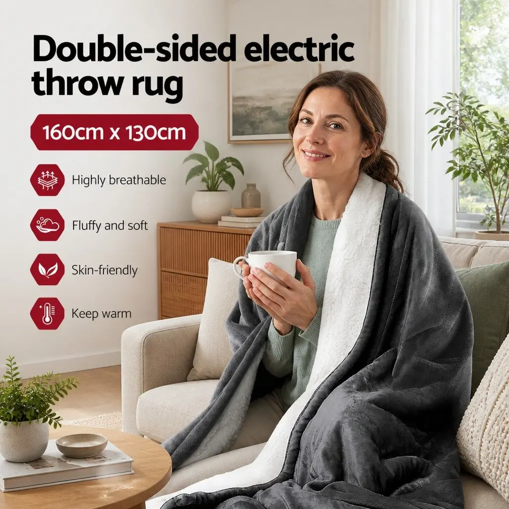 Electric Throw Rug Grey 160x130cm Heated Blanket Washable Flannel Sherpa 9 Temperature Settings 9 Hour Timer