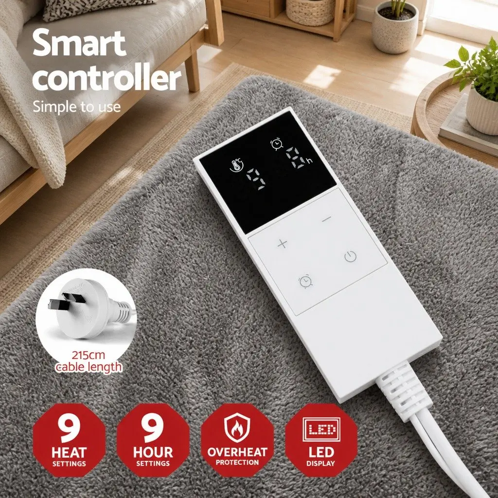 Electric Throw Rug Grey 160x130cm Heated Blanket Washable Flannel Sherpa 9 Temperature Settings 9 Hour Timer