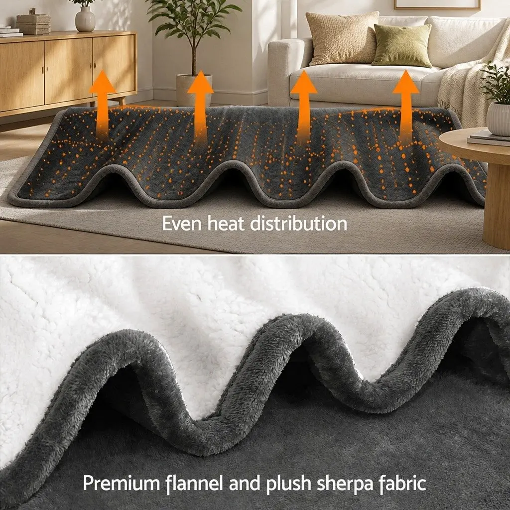 Electric Throw Rug Grey 160x130cm Heated Blanket Washable Flannel Sherpa 9 Temperature Settings 9 Hour Timer