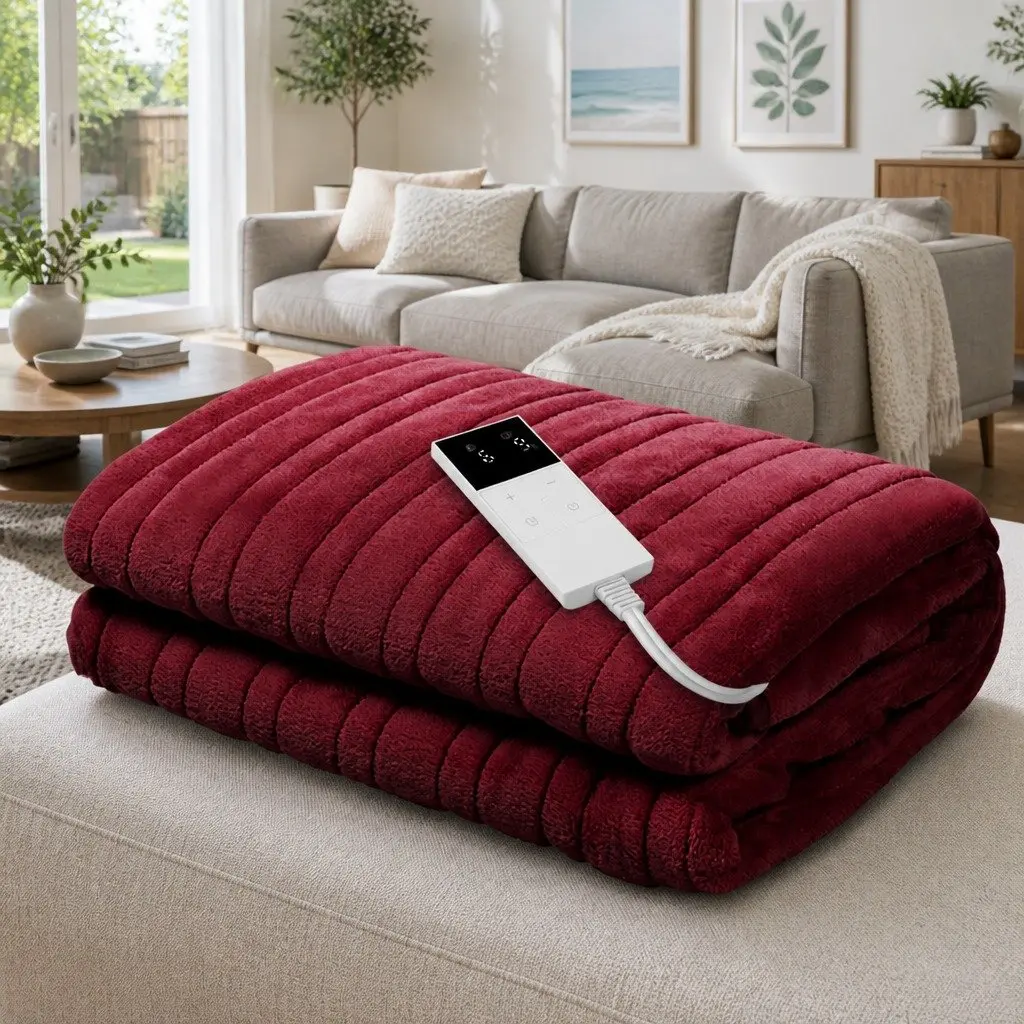 Electric Heated Throw Blanket Fleece 160cm x 130cm Burgundy Couch Sofa Rug