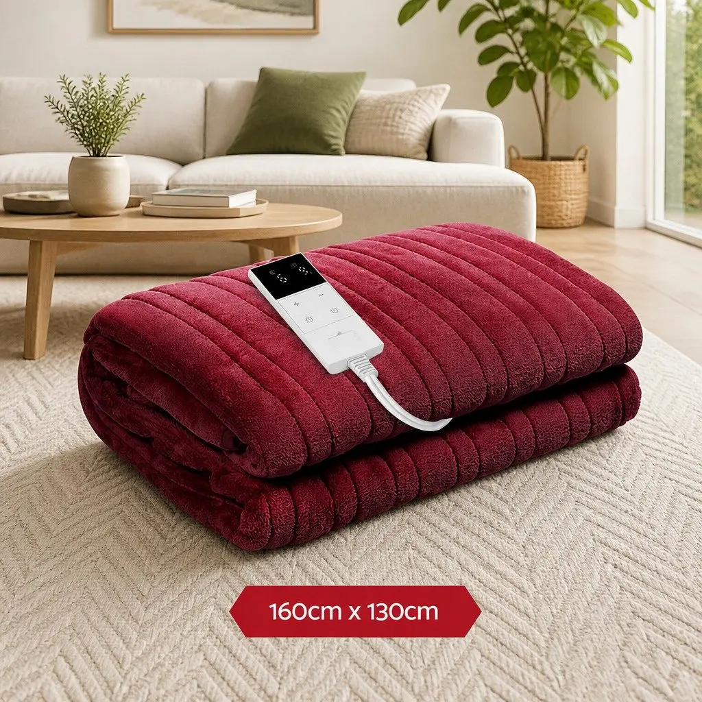 Electric Heated Throw Blanket Fleece 160cm x 130cm Burgundy Couch Sofa Rug