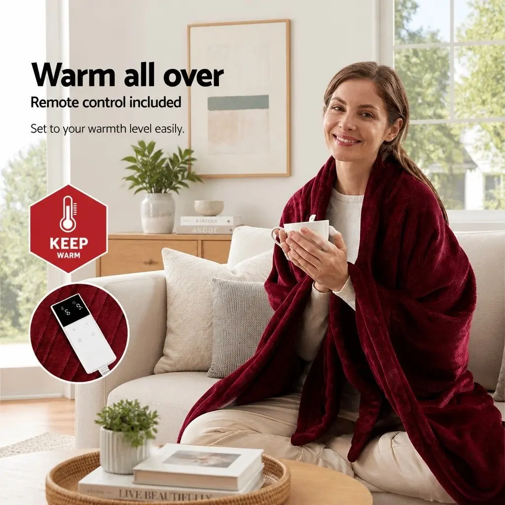 Electric Heated Throw Blanket Fleece 160cm x 130cm Burgundy Couch Sofa Rug