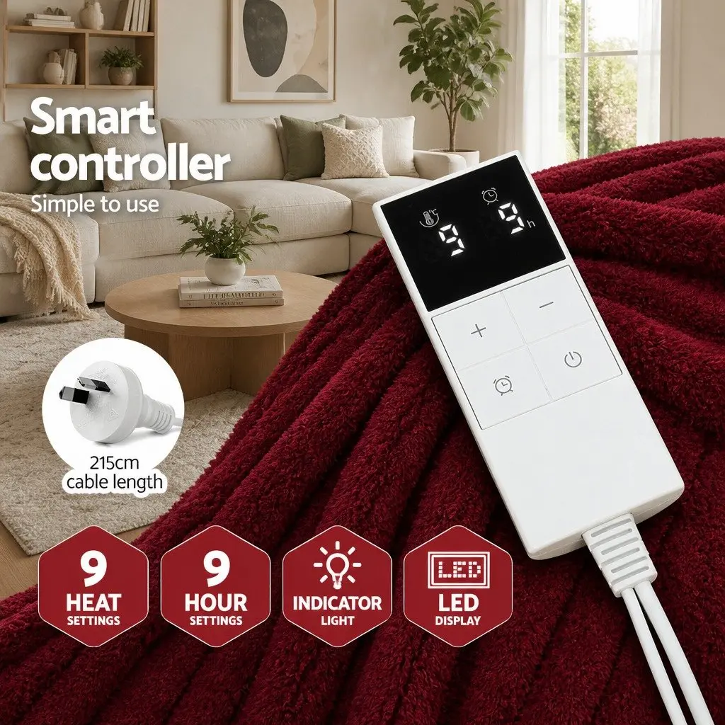 Electric Heated Throw Blanket Fleece 160cm x 130cm Burgundy Couch Sofa Rug