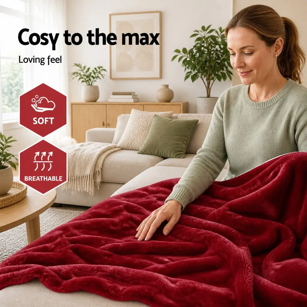 Electric Heated Throw Blanket Fleece 160cm x 130cm Burgundy Couch Sofa Rug
