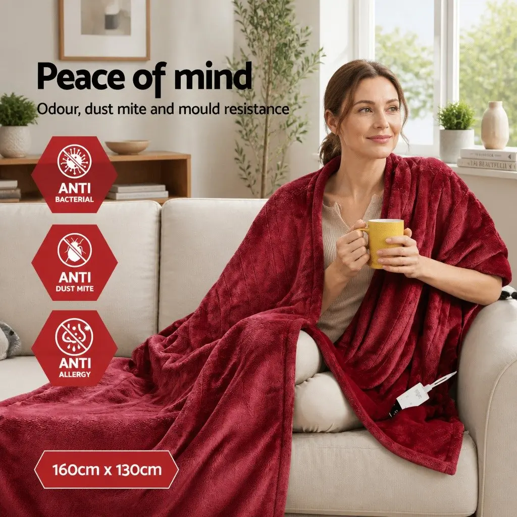 Electric Heated Throw Blanket Fleece 160cm x 130cm Burgundy Couch Sofa Rug