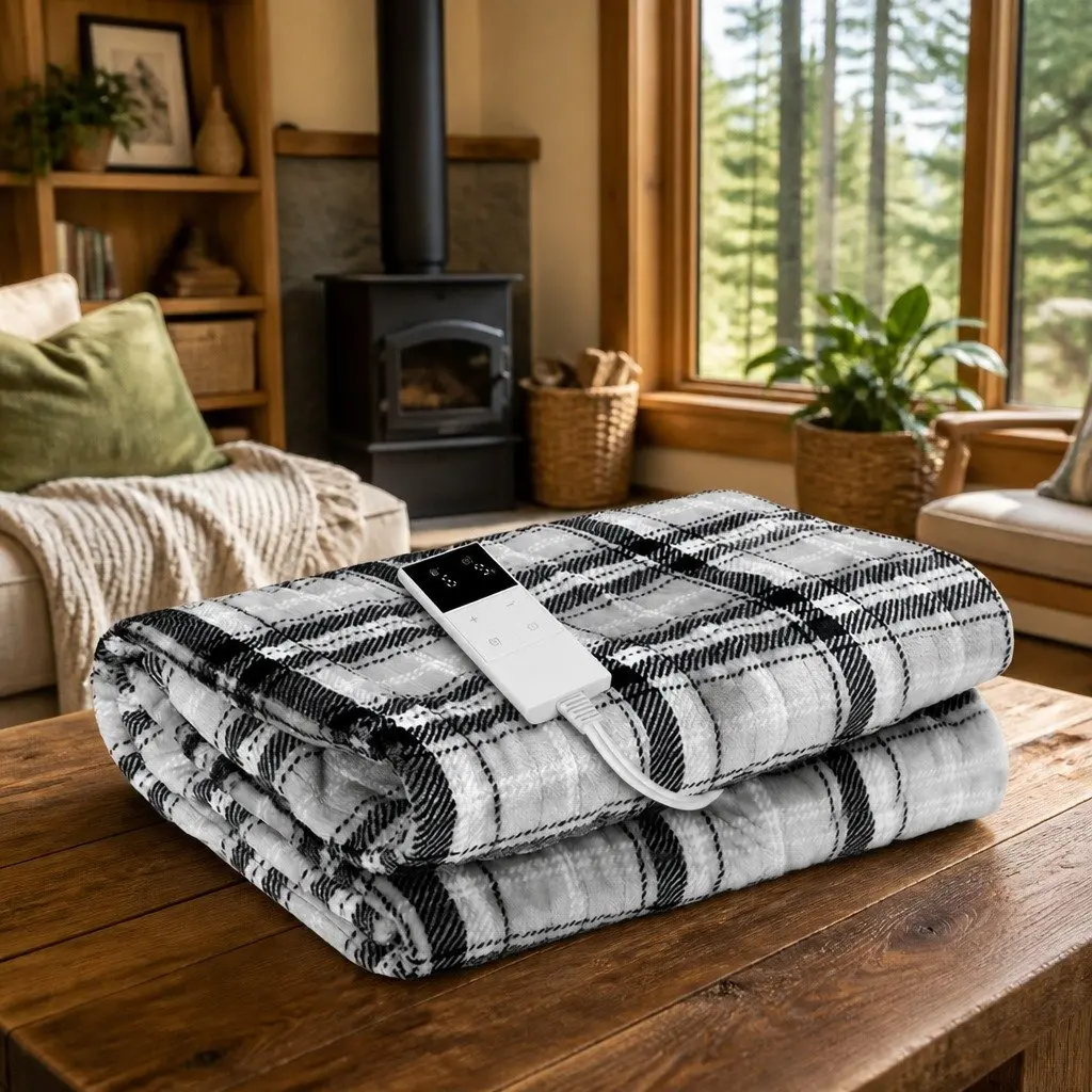 Electric Throw Blanket Grey White Flannel 160cm x 130cm Heated with Nine Heat Settings and Nine-Hour Timer Machine Washable