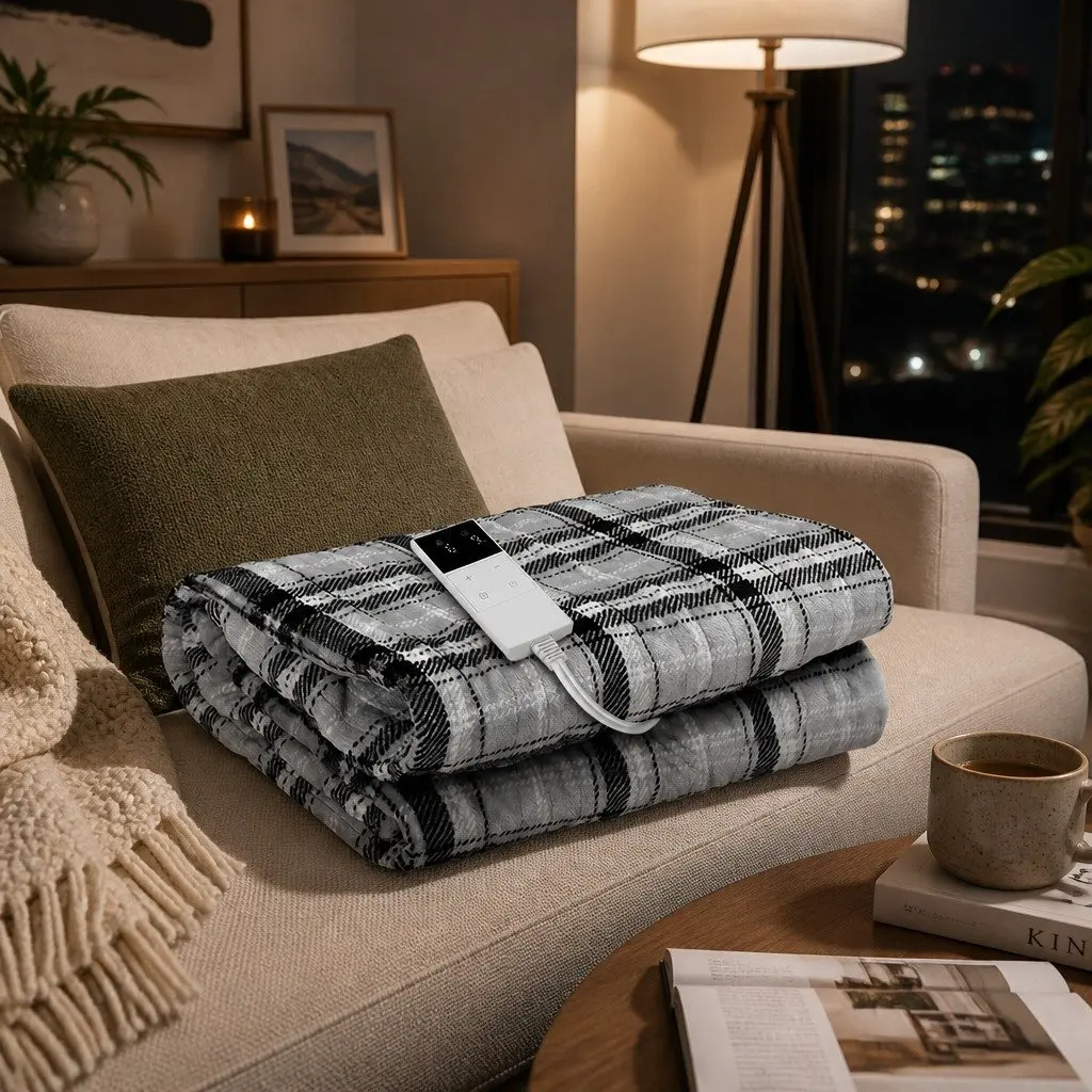 Electric Throw Blanket Grey White Flannel 160cm x 130cm Heated with Nine Heat Settings and Nine-Hour Timer Machine Washable