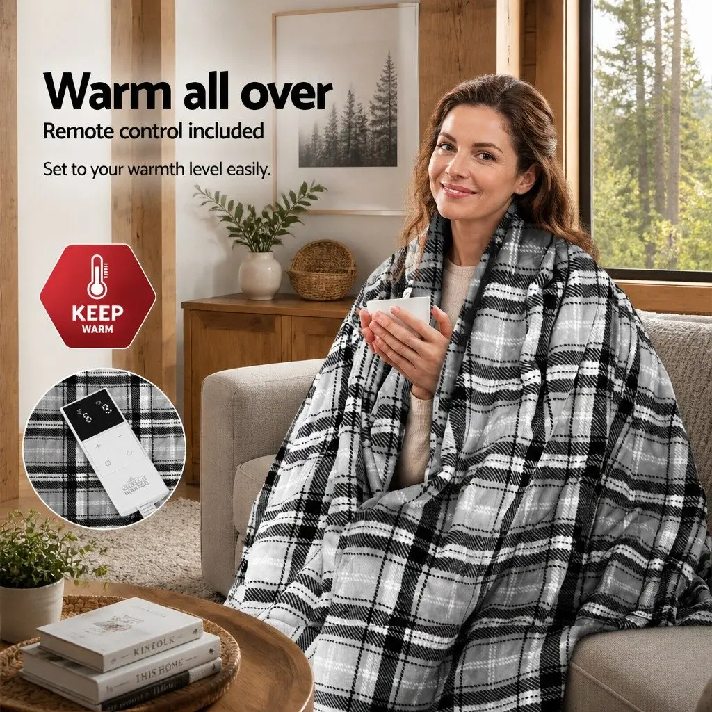 Electric Throw Blanket Grey White Flannel 160cm x 130cm Heated with Nine Heat Settings and Nine-Hour Timer Machine Washable