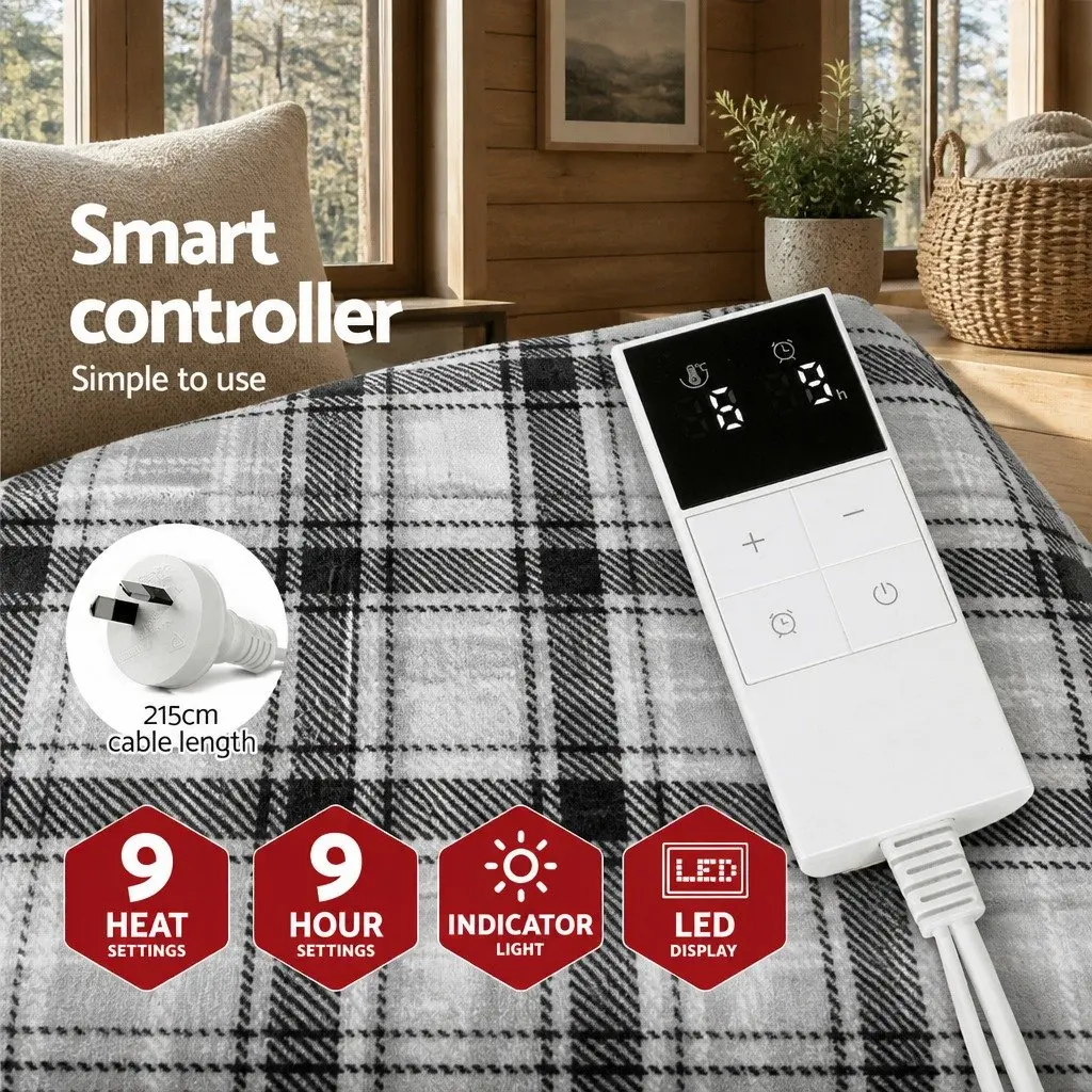 Electric Throw Blanket Grey White Flannel 160cm x 130cm Heated with Nine Heat Settings and Nine-Hour Timer Machine Washable