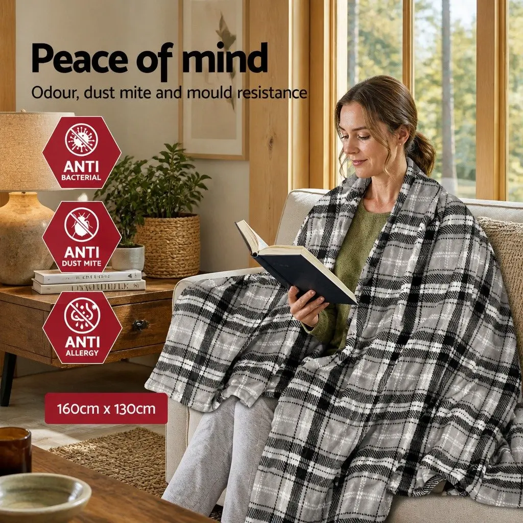 Electric Throw Blanket Grey White Flannel 160cm x 130cm Heated with Nine Heat Settings and Nine-Hour Timer Machine Washable