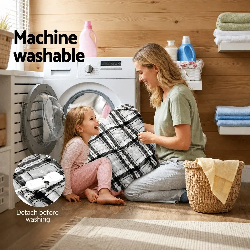 Electric Throw Blanket Grey White Flannel 160cm x 130cm Heated with Nine Heat Settings and Nine-Hour Timer Machine Washable
