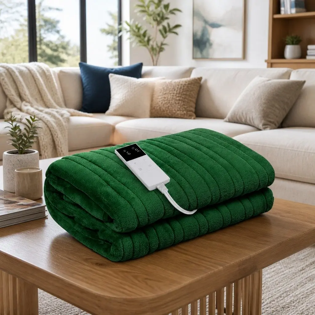 Electric Heated Throw Rug Green 160cm x 130cm 9 Heat Settings Timer Machine Washable Coral Fleece