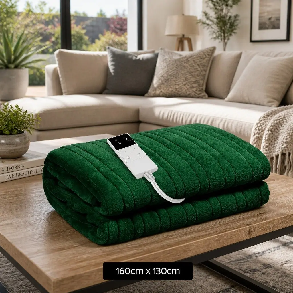 Electric Heated Throw Rug Green 160cm x 130cm 9 Heat Settings Timer Machine Washable Coral Fleece