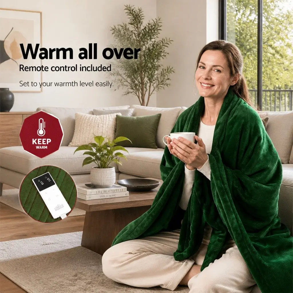 Electric Heated Throw Rug Green 160cm x 130cm 9 Heat Settings Timer Machine Washable Coral Fleece