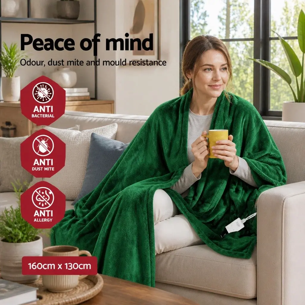 Electric Heated Throw Rug Green 160cm x 130cm 9 Heat Settings Timer Machine Washable Coral Fleece