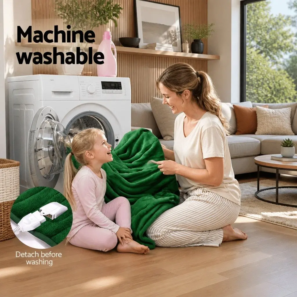 Electric Heated Throw Rug Green 160cm x 130cm 9 Heat Settings Timer Machine Washable Coral Fleece