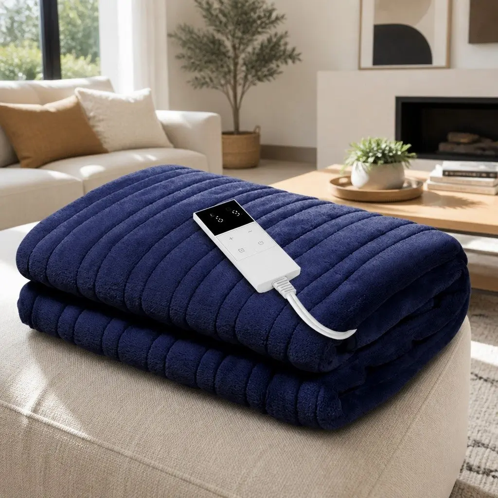 Electric Throw Blanket Navy Blue 160cm x 130cm Heated Fleece 9 Levels
