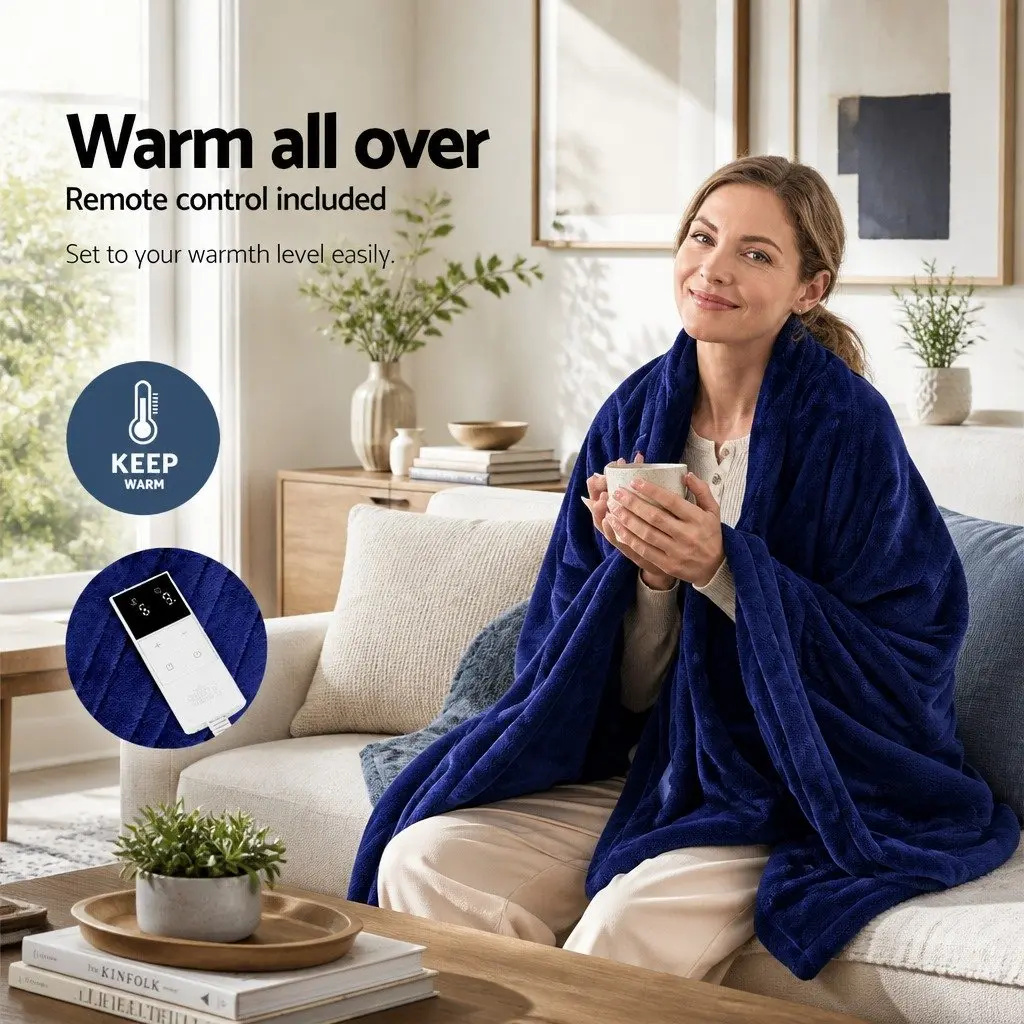 Electric Throw Blanket Navy Blue 160cm x 130cm Heated Fleece 9 Levels