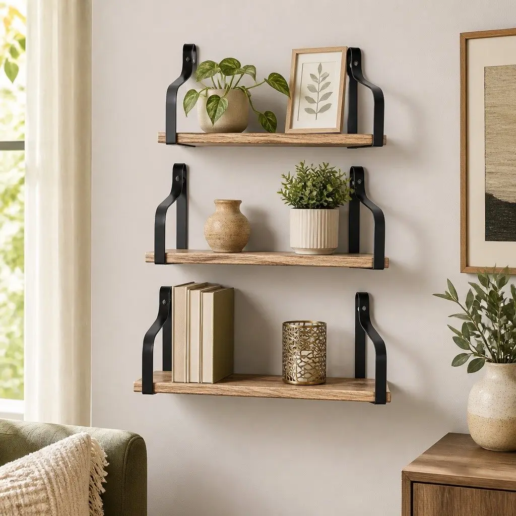 Floating Shelves Natural Wood 3 Piece Industrial Style Paulownia Wood Display
