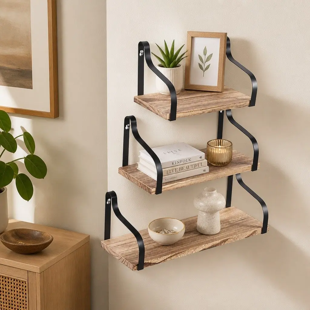 Floating Shelves Natural Wood 3 Piece Industrial Style Paulownia Wood Display