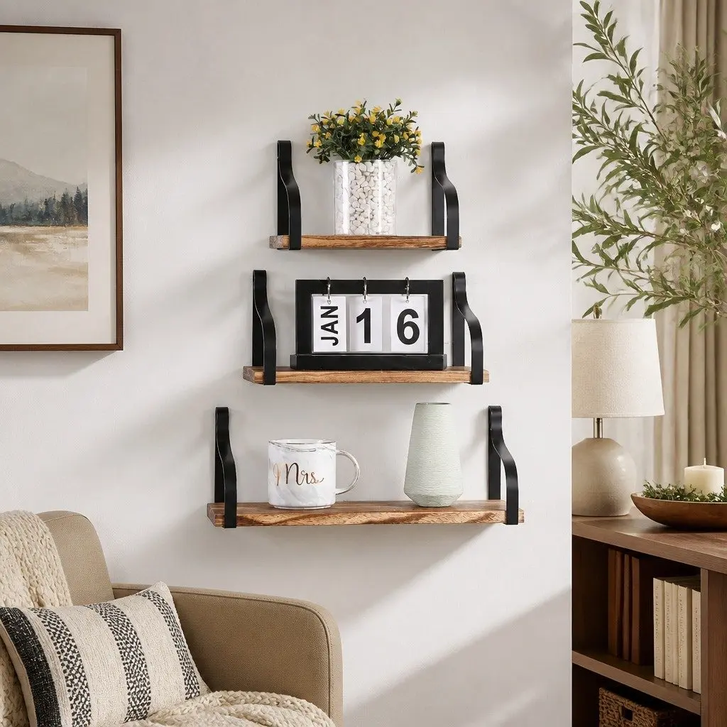 Floating Shelves Natural Wood 3 Piece Industrial Style Paulownia Wood Display