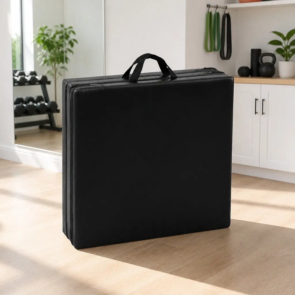 Gymnastics Mat Black 3 Fold Portable Exercise Floor Mat with Integrated Carry Handles