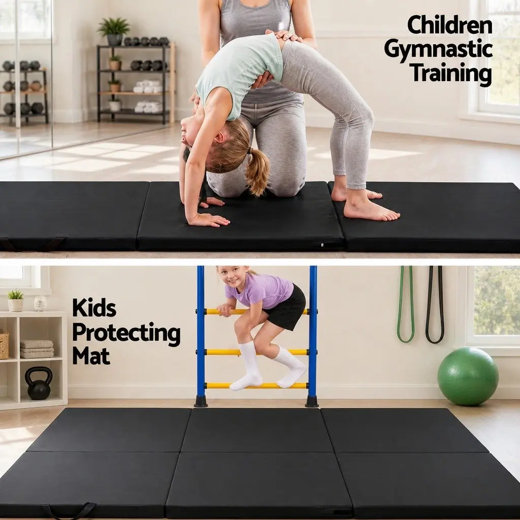 Gymnastics Mat Black 3 Fold Portable Exercise Floor Mat with Integrated Carry Handles