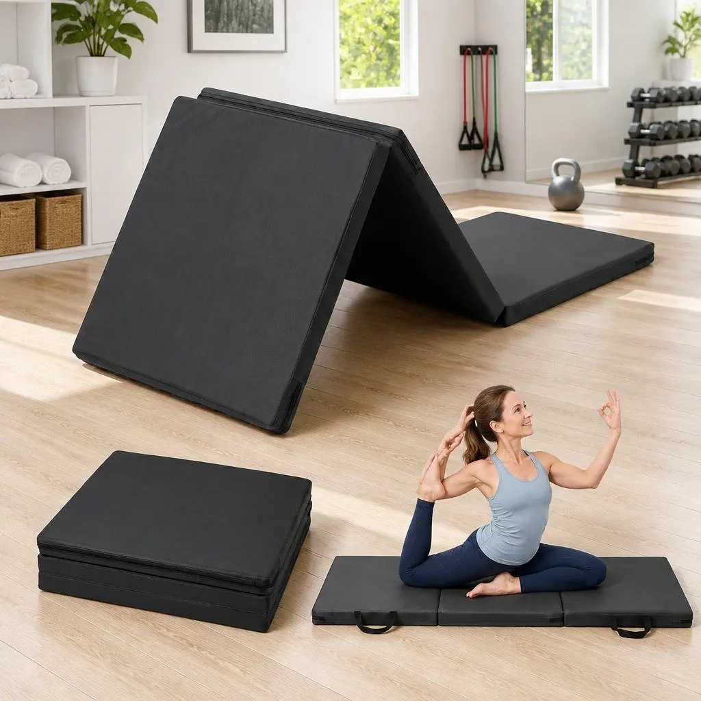 Gymnastics Mat Black 3 Fold Portable Exercise Floor Mat with Integrated Carry Handles